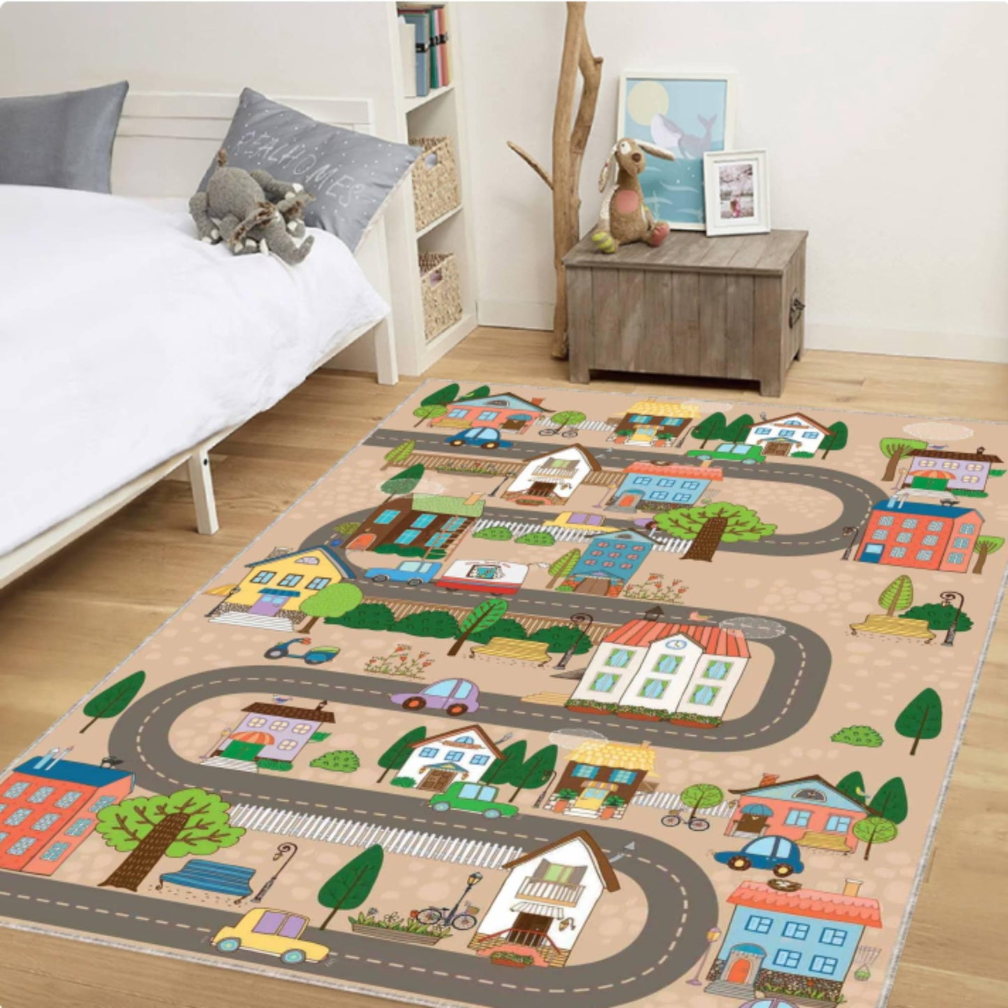 Cute Houses City Road Kids Rug | Washable Playroom Carpet