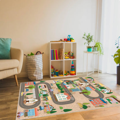 Kids City Road Rug with Cute Houses, Playroom Area Carpet for Toddlers, Washable rug, Non Slip Kids Floor Rug, Nursery and Bedroom Decor