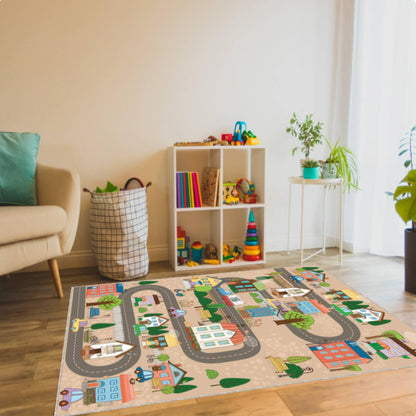 Cute Houses City Road Kids Rug | Washable Playroom Carpet