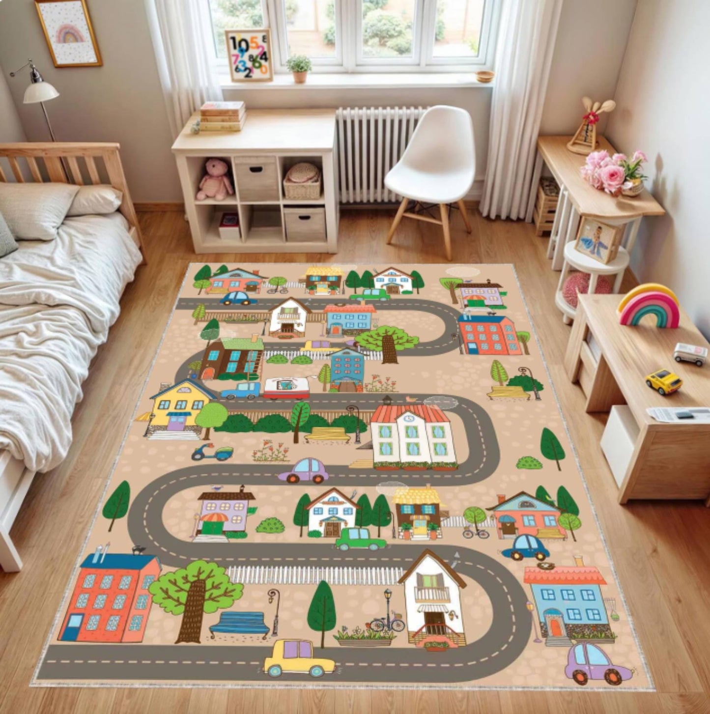 Cute Houses City Road Kids Rug | Washable Playroom Carpet