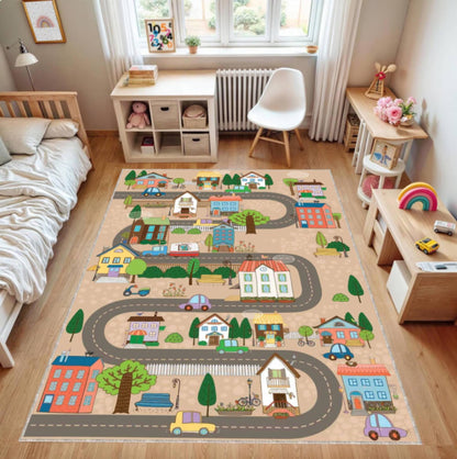 Cute Houses City Road Kids Rug | Washable Playroom Carpet