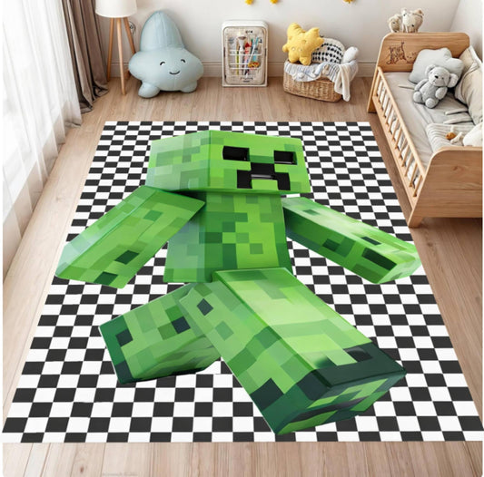 Green Minecraft creeper rug on a checkered floor in a child's room with toys and furniture.