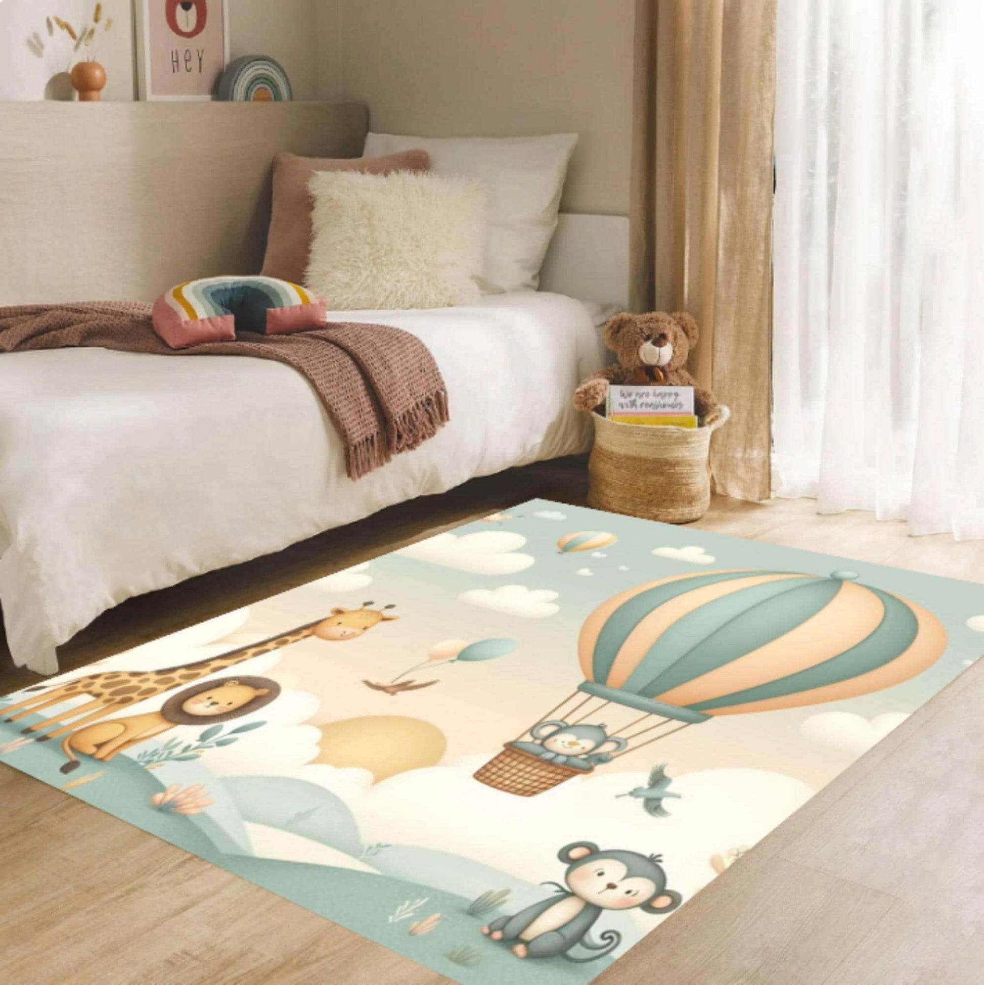 Hot Air Balloon Kids Rug, Safari Animal Nursery Carpet, Pastel Playroom Floor Decor, Washable Area Rug, Non Slip Kids Mat, Baby Room Design