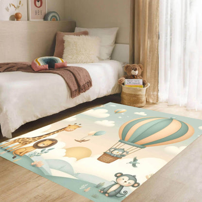 Hot Air Balloon Kids Rug, Safari Animal Nursery Carpet, Pastel Playroom Floor Decor, Washable Area Rug, Non Slip Kids Mat, Baby Room Design