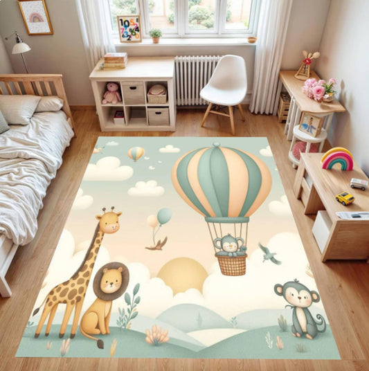 Hot Air Balloon Kids Rug, Safari Animal Nursery Carpet, Pastel Playroom Floor Decor, Washable Area Rug, Non Slip Kids Mat, Baby Room Design