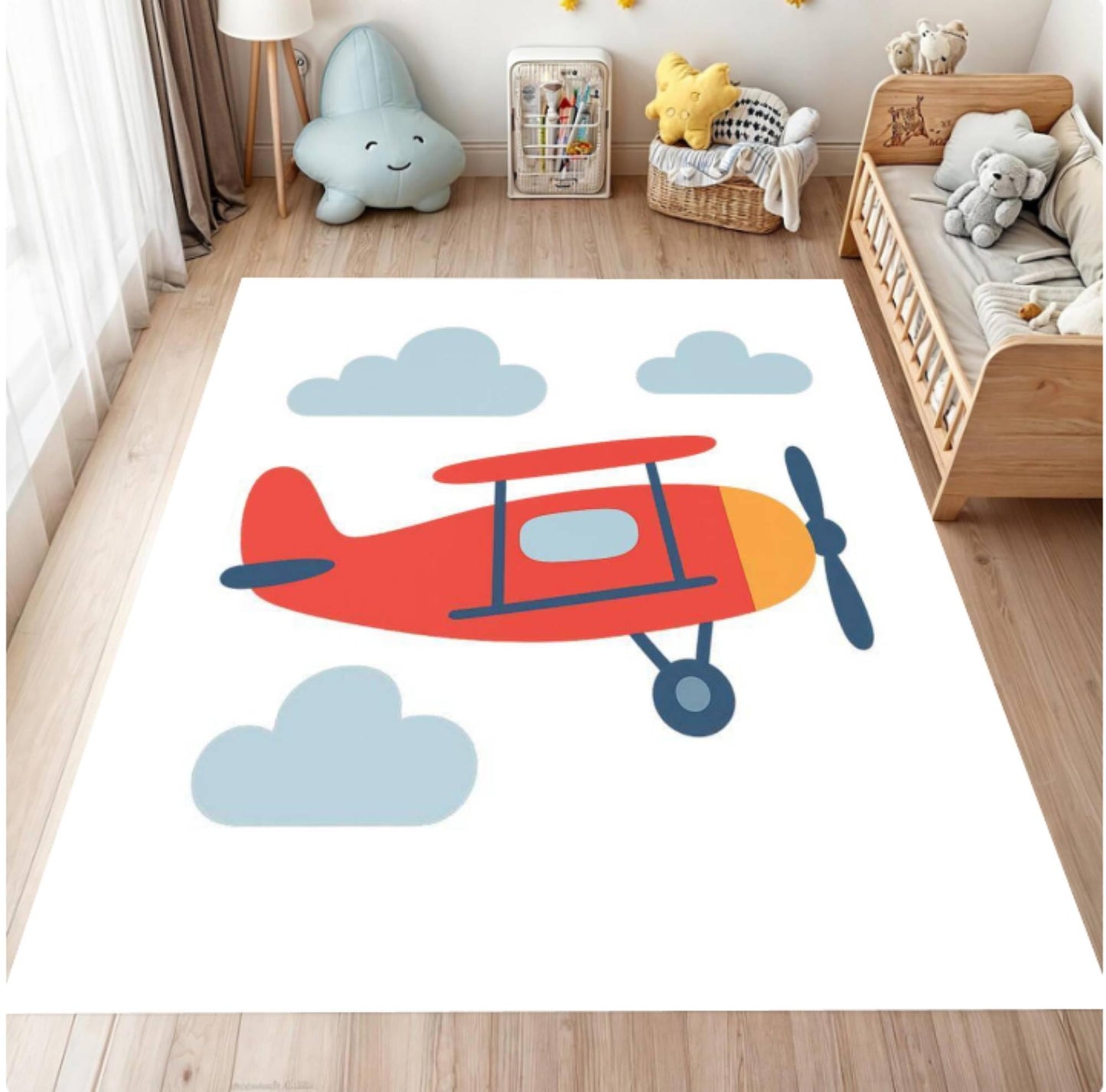 Children's room with a rug featuring an airplane design on a wooden floor.