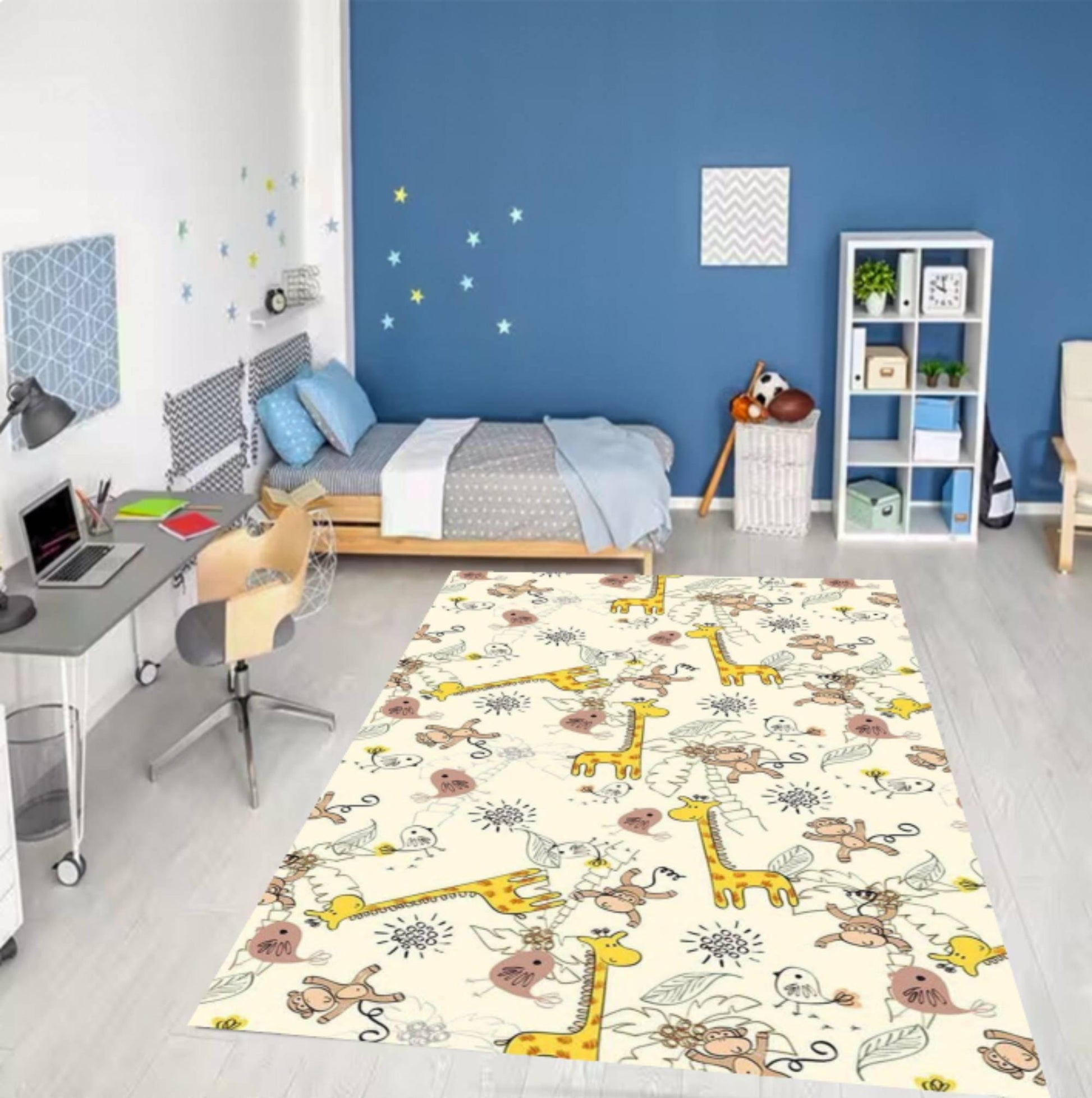 Jungle Animal Kids Rug,Giraffe Monkey Nursery Carpet,Neutral Beige Playroom Decor,Washable NonSlipRug,BabyToddler RoomMat,Nursery FloorDecor