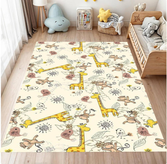Jungle Animal Kids Rug,Giraffe Monkey Nursery Carpet,Neutral Beige Playroom Decor,Washable NonSlipRug,BabyToddler RoomMat,Nursery FloorDecor