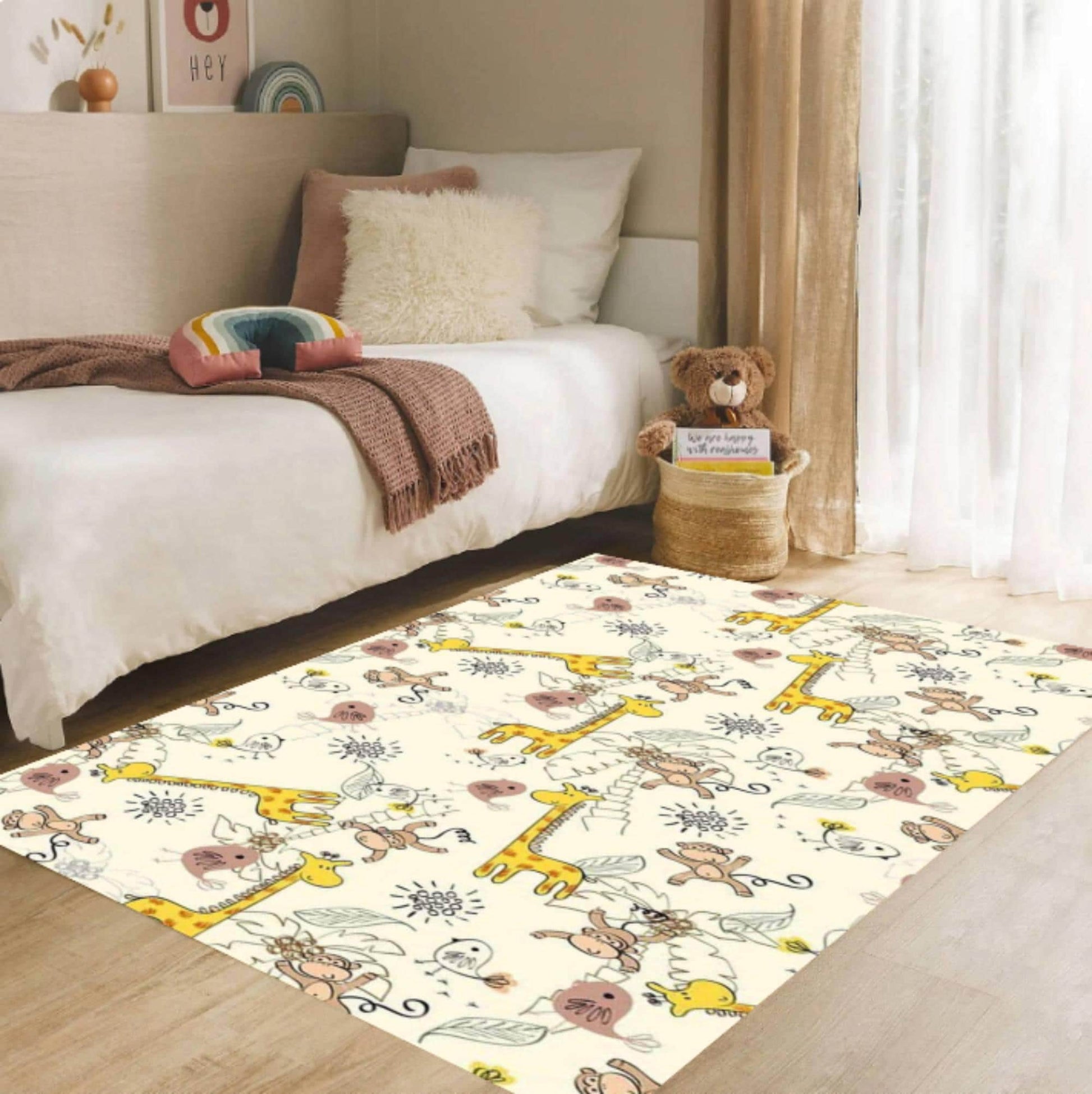 Jungle Animal Kids Rug,Giraffe Monkey Nursery Carpet,Neutral Beige Playroom Decor,Washable NonSlipRug,BabyToddler RoomMat,Nursery FloorDecor