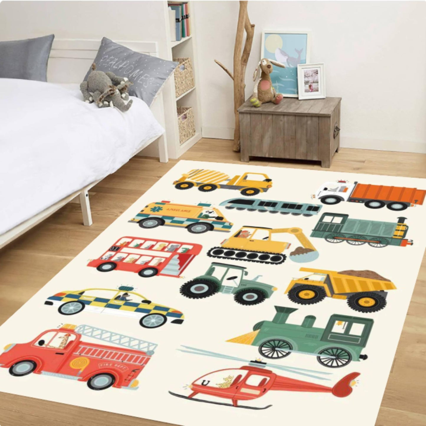 Vehicles & Transport Kids Rug | Trains Cars & Helicopters Carpet