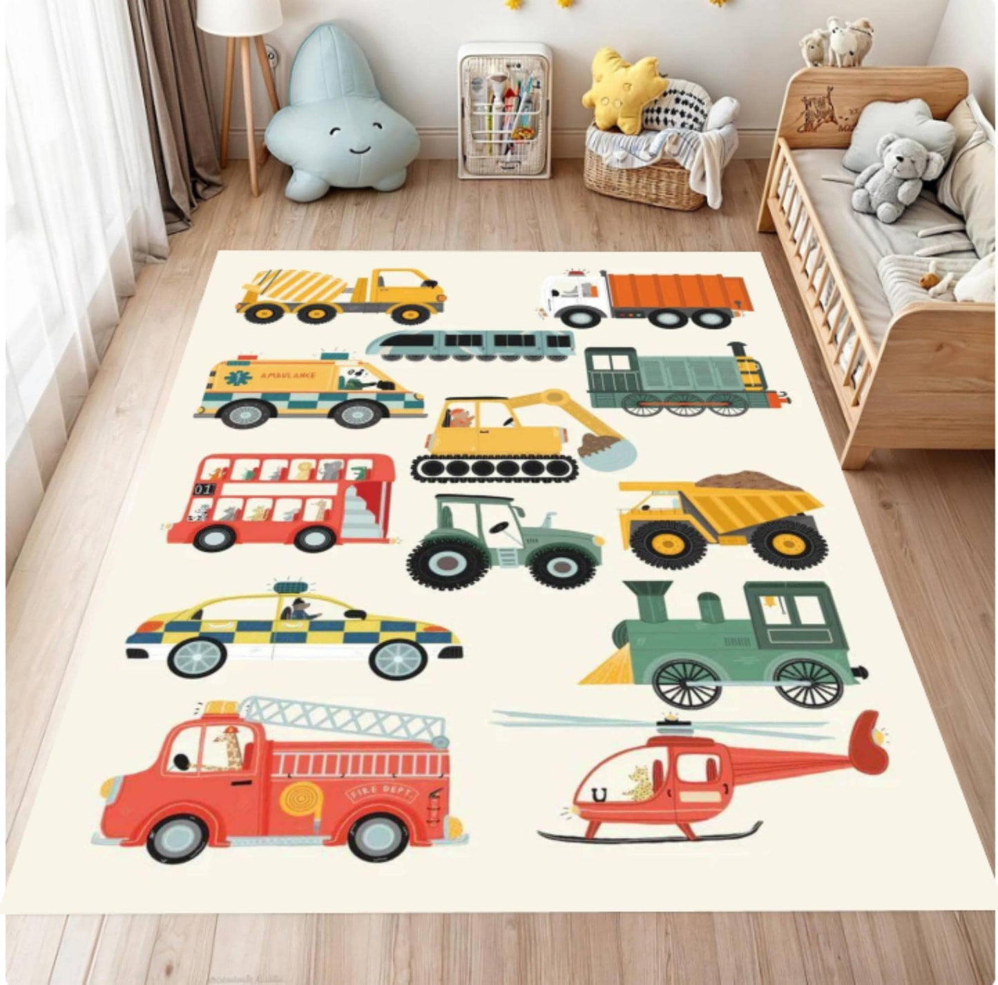 Children's room with a colorful rug featuring various vehicles on a wooden floor.