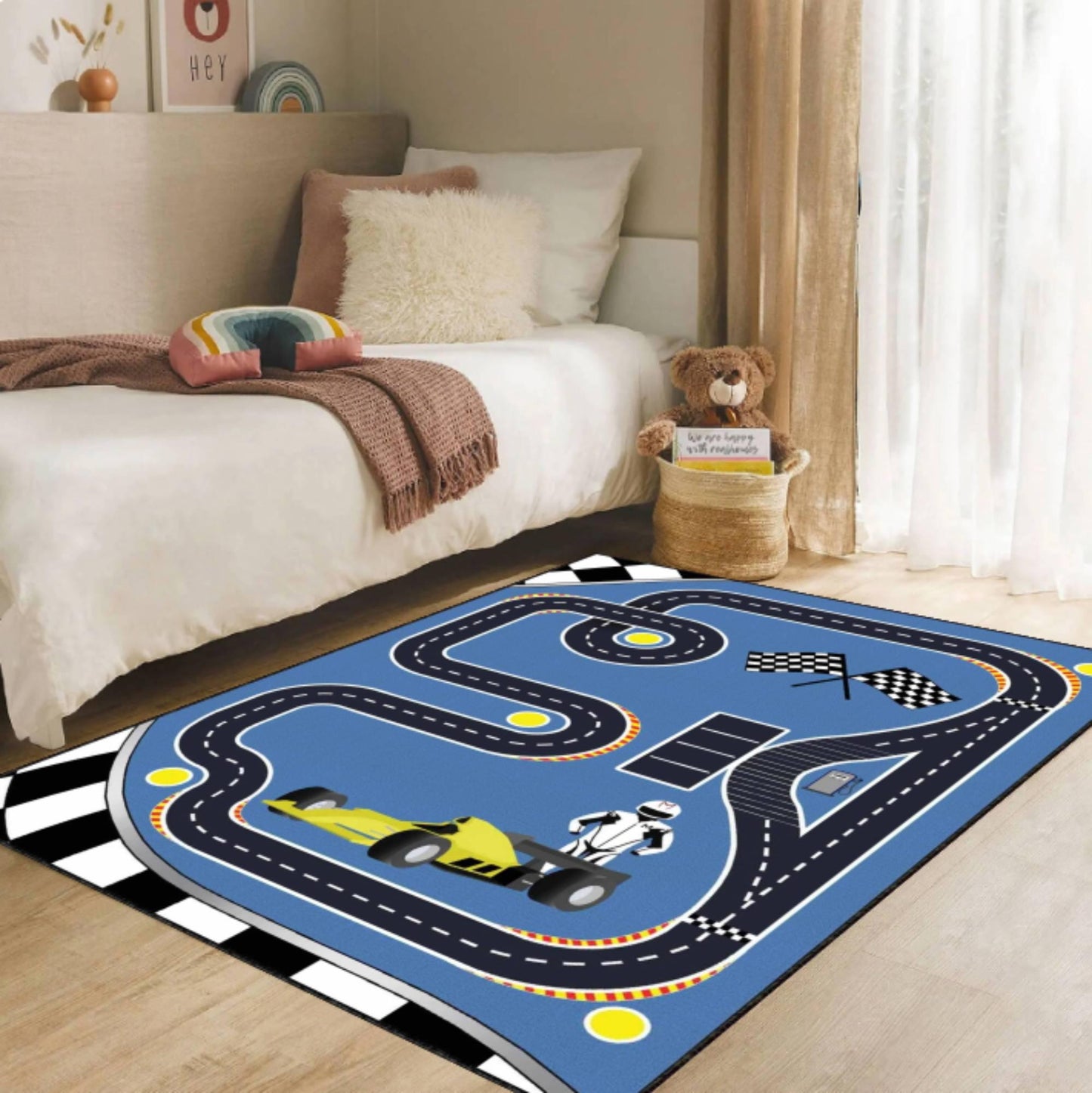 Race Track Kids Rug,Formula Car Racing Design for Playroom Nursery,Blue Road Carpet,Washable rug NonSlip Rug,Toddler Child Bedroom Floor Mat