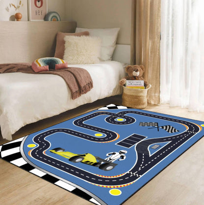 Race Track Kids Rug,Formula Car Racing Design for Playroom Nursery,Blue Road Carpet,Washable rug NonSlip Rug,Toddler Child Bedroom Floor Mat