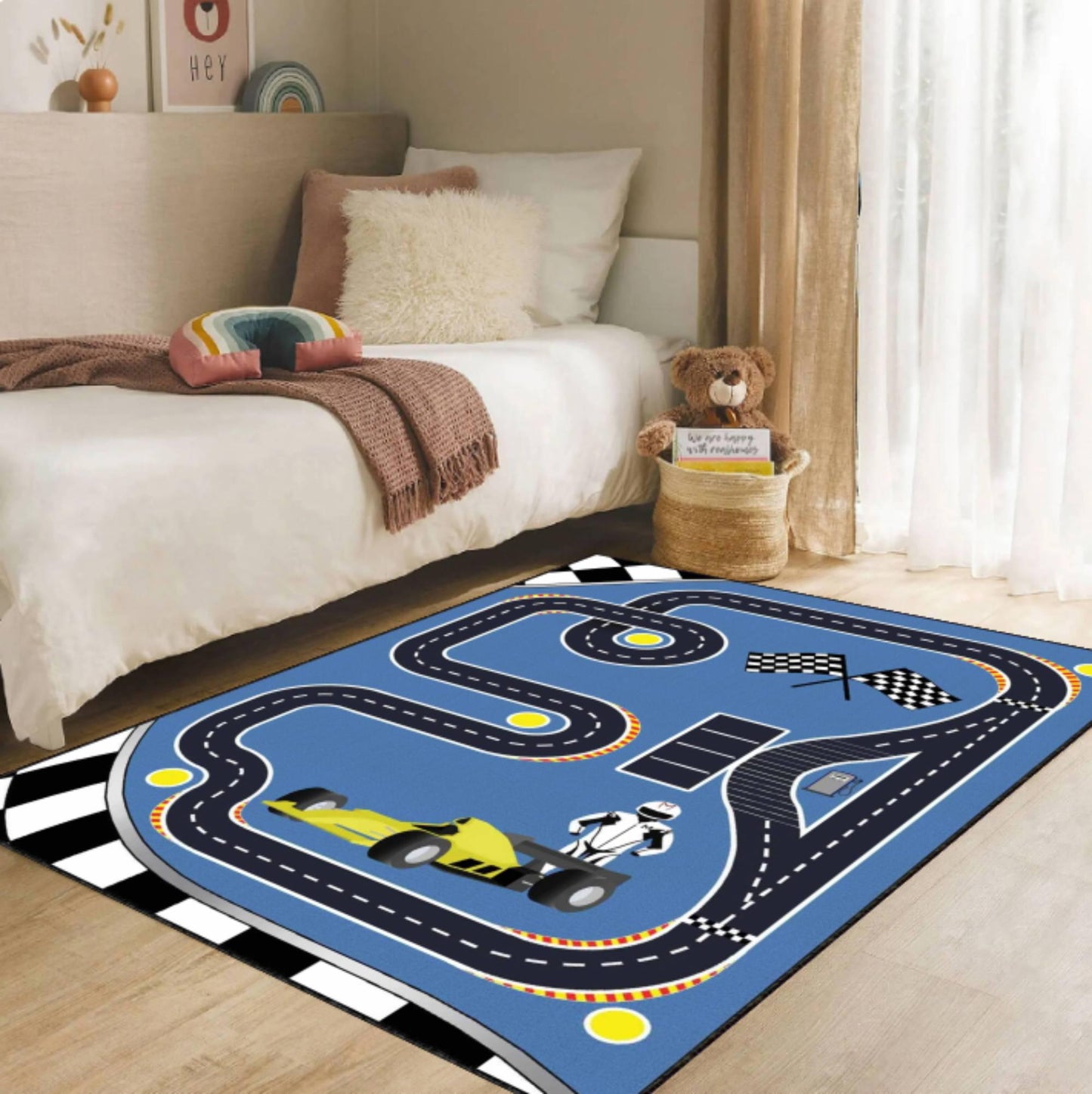 Formula Race Track Kids Rug | Blue Car Racing Playroom Carpet