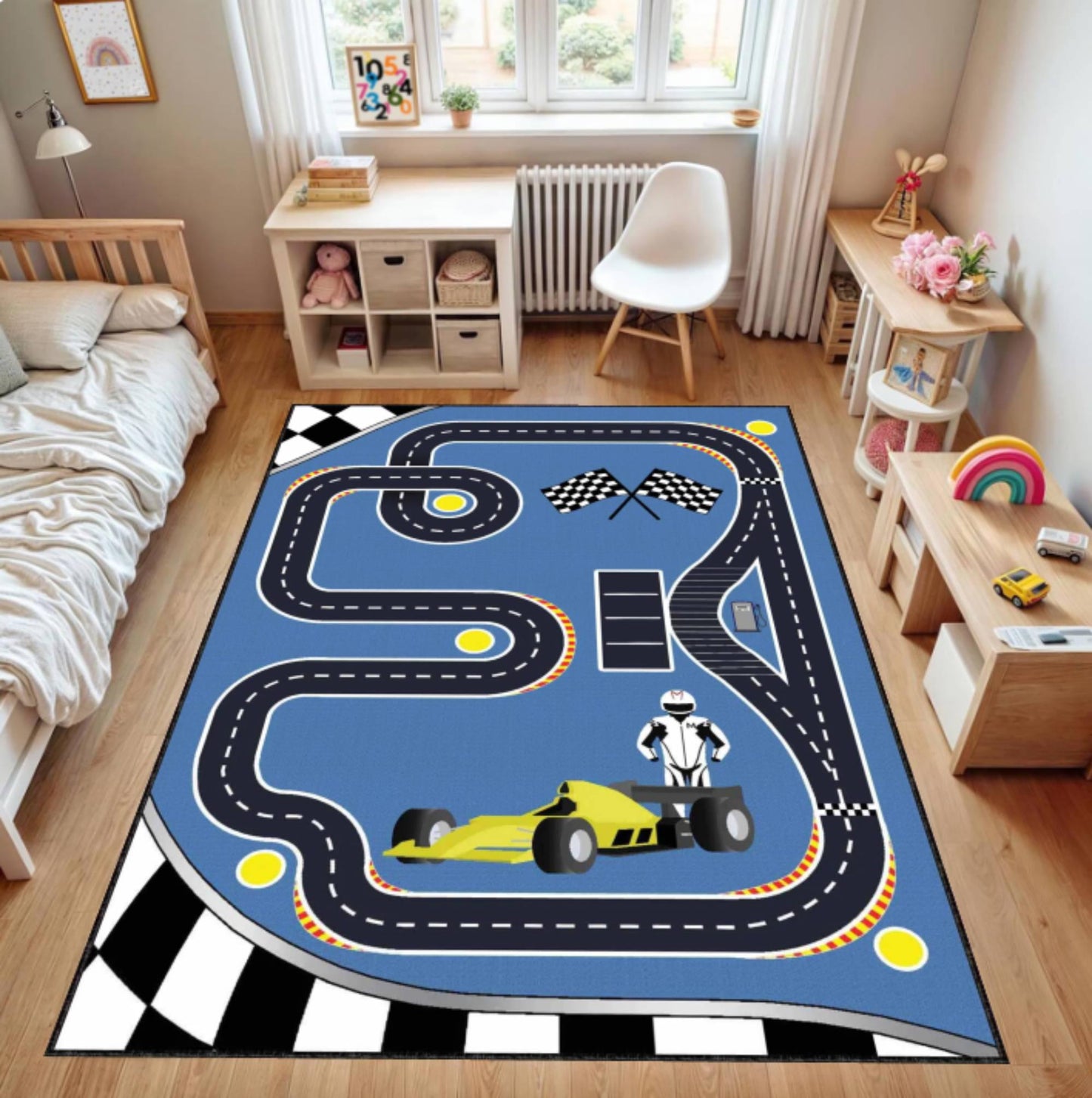 Formula Race Track Kids Rug | Blue Car Racing Playroom Carpet