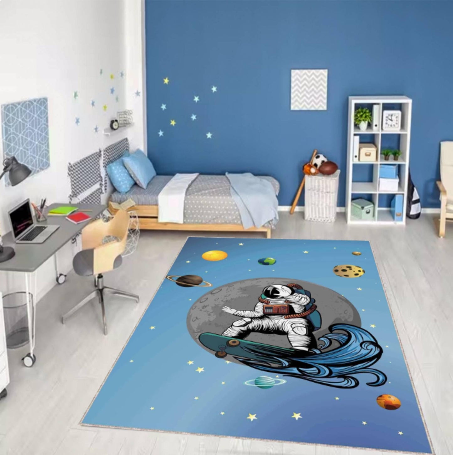 Astronaut Skateboard Rug, Space Kids Room Carpet, Galaxy Nursery Decor, Cool Planet Design Mat, Washable Rug, Non Slip Kids Room Rug