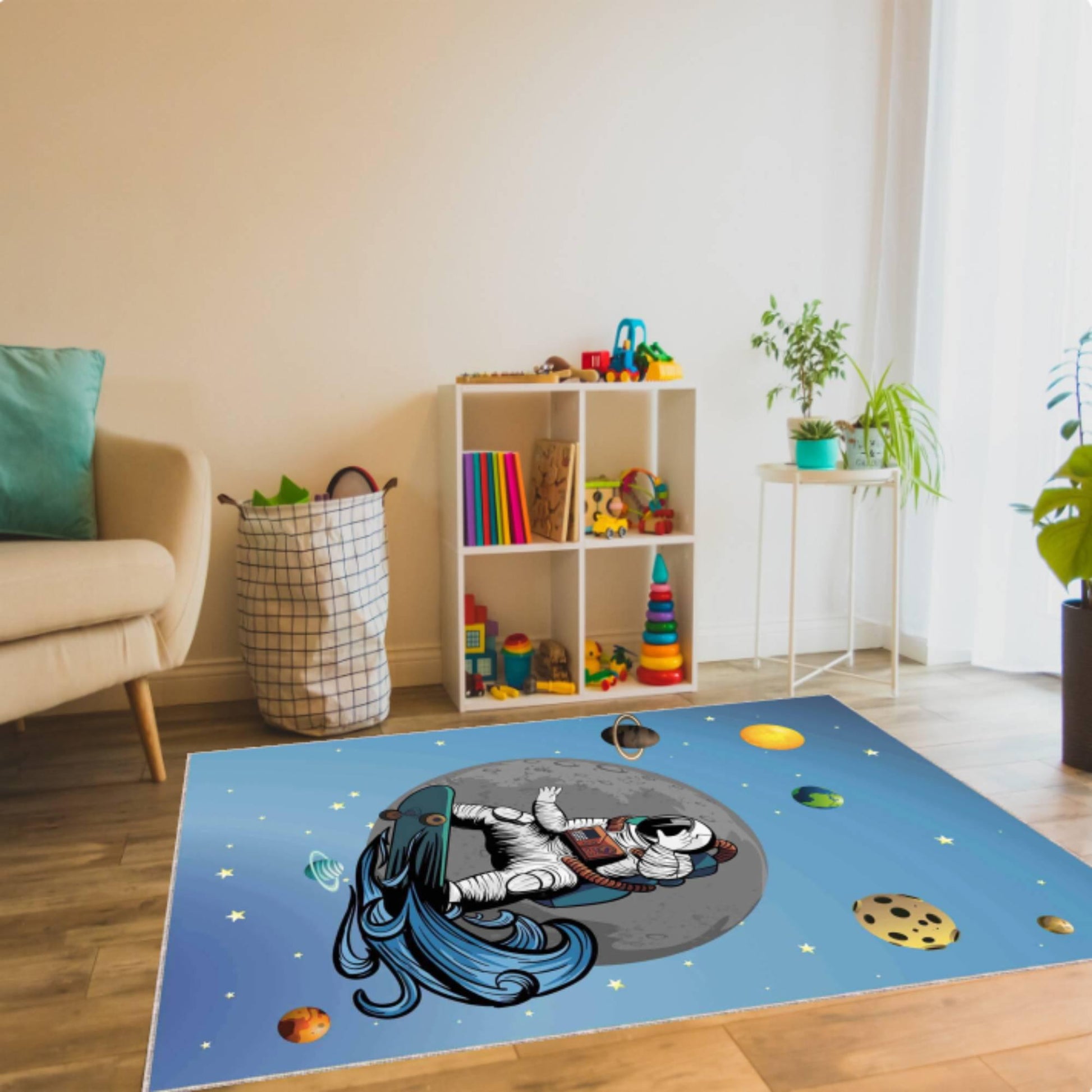Astronaut Skateboard Rug, Space Kids Room Carpet, Galaxy Nursery Decor, Cool Planet Design Mat, Washable Rug, Non Slip Kids Room Rug