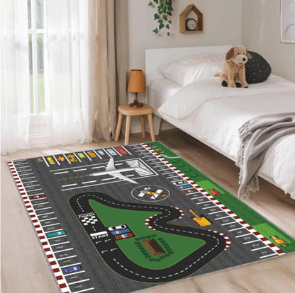 Kids Airport & Road Play Rug - Toy Car Track & Airplane Playroom Decor Rug