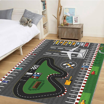 Kids Airport & Road Play Rug - Toy Car Track & Airplane Playroom Decor Rug