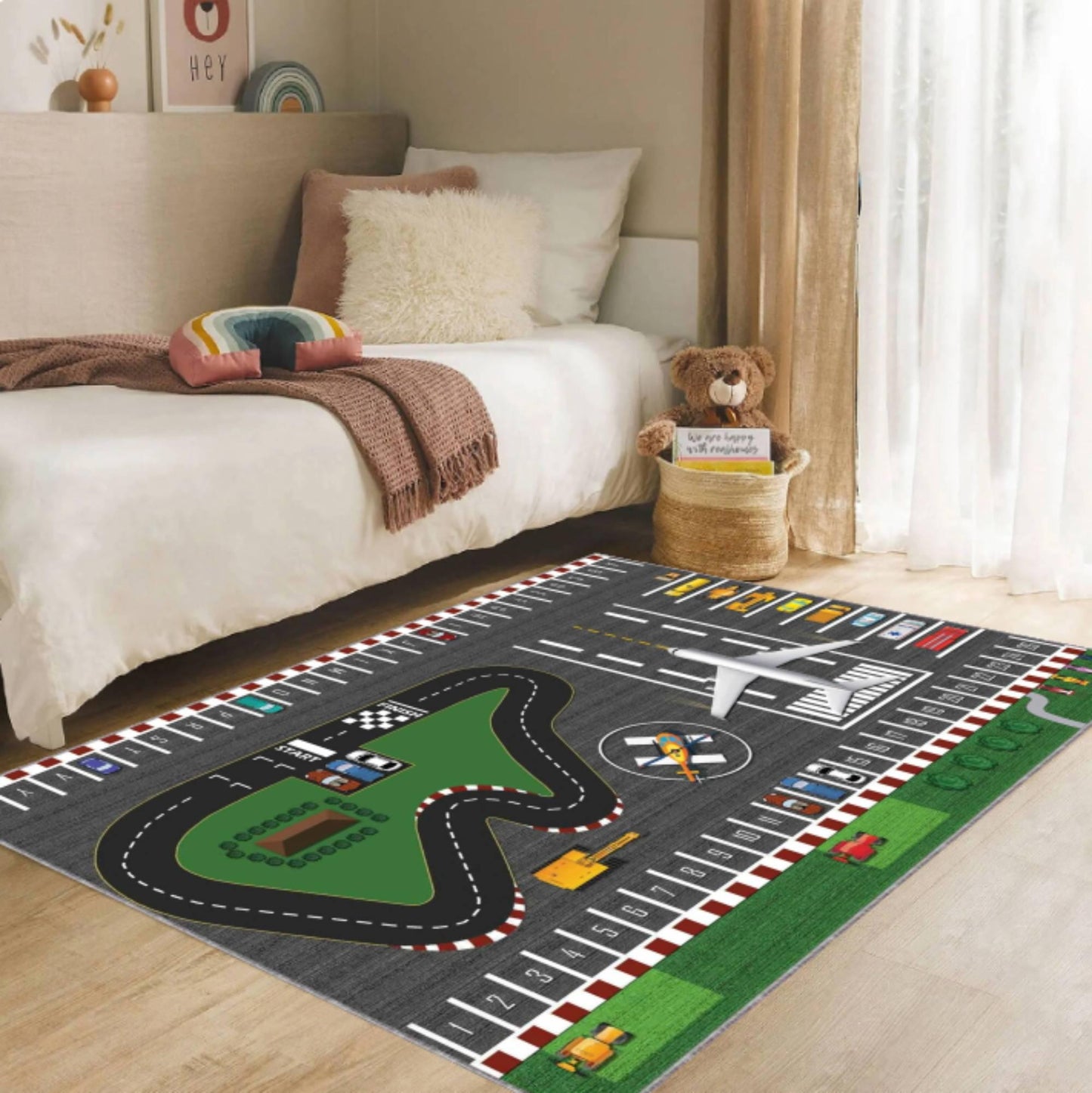 Kids Airport & Road Play Rug - Toy Car Track & Airplane Playroom Decor Rug