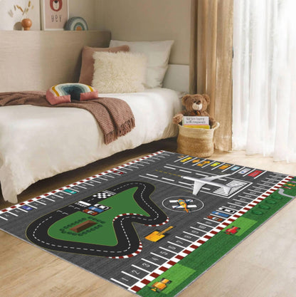Kids Airport & Road Play Rug - Toy Car Track & Airplane Playroom Decor Rug