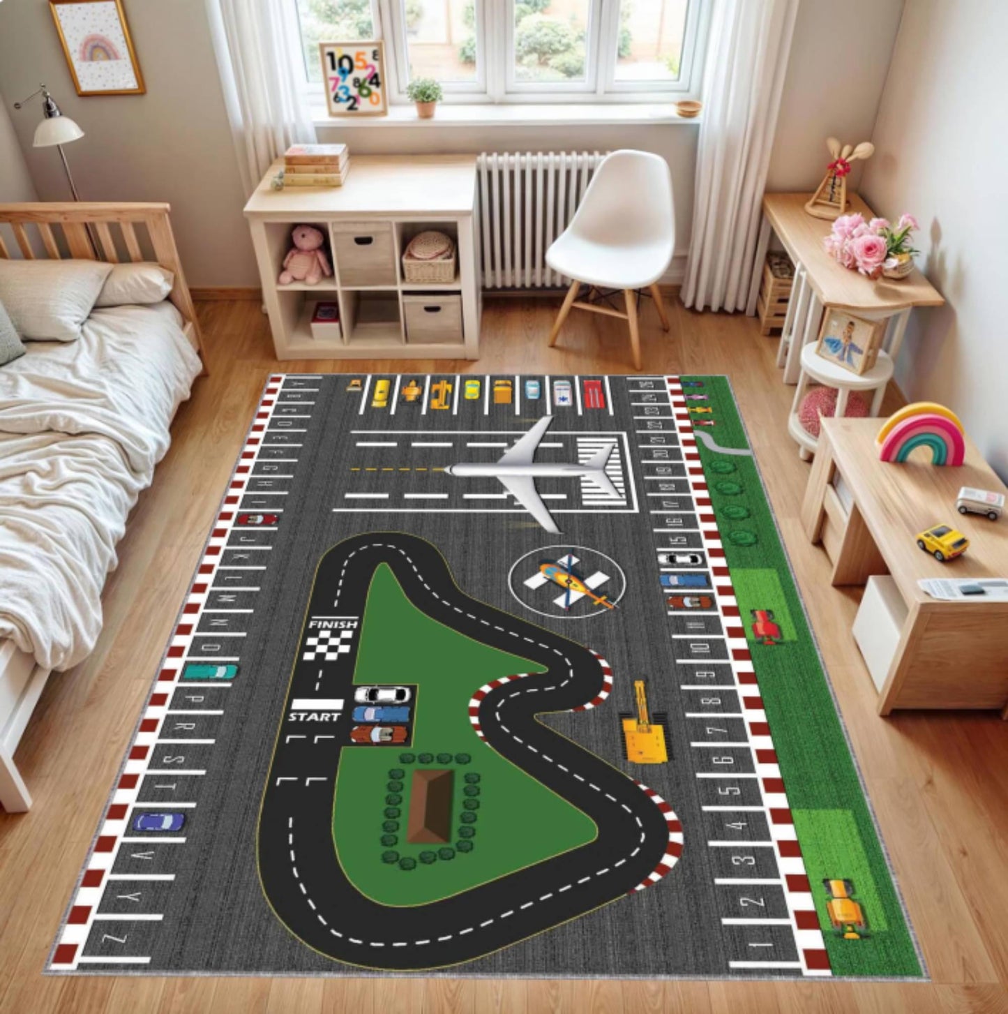 Kids Airport & Road Play Rug - Toy Car Track & Airplane Playroom Decor Rug