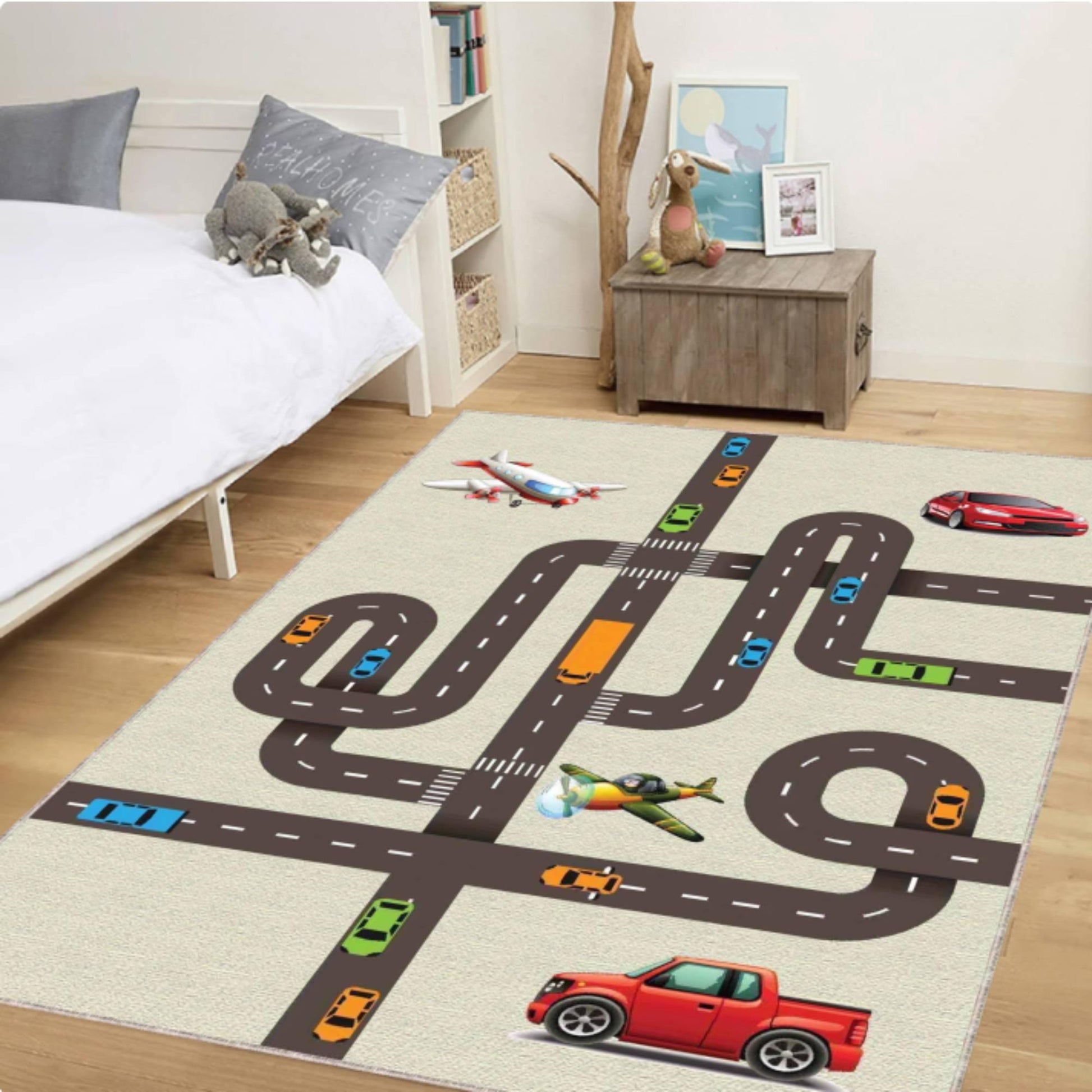 City Road Play Rug, Kids Traffic Map Carpet, Car and Airplane Theme Mat, Nursery Playroom Decor, Washable Area Rug, Non Slip Kids Rug