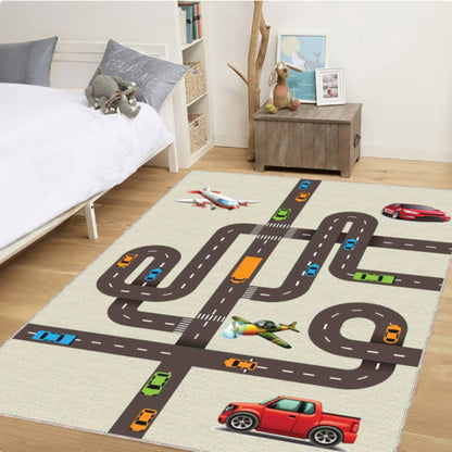 City Road Play Rug, Kids Traffic Map Carpet, Car and Airplane Theme Mat, Nursery Playroom Decor, Washable Area Rug, Non Slip Kids Rug
