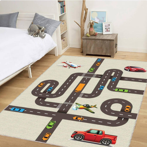 City Road Play Rug, Kids Traffic Map Carpet, Car and Airplane Theme Mat, Nursery Playroom Decor, Washable Area Rug, Non Slip Kids Rug