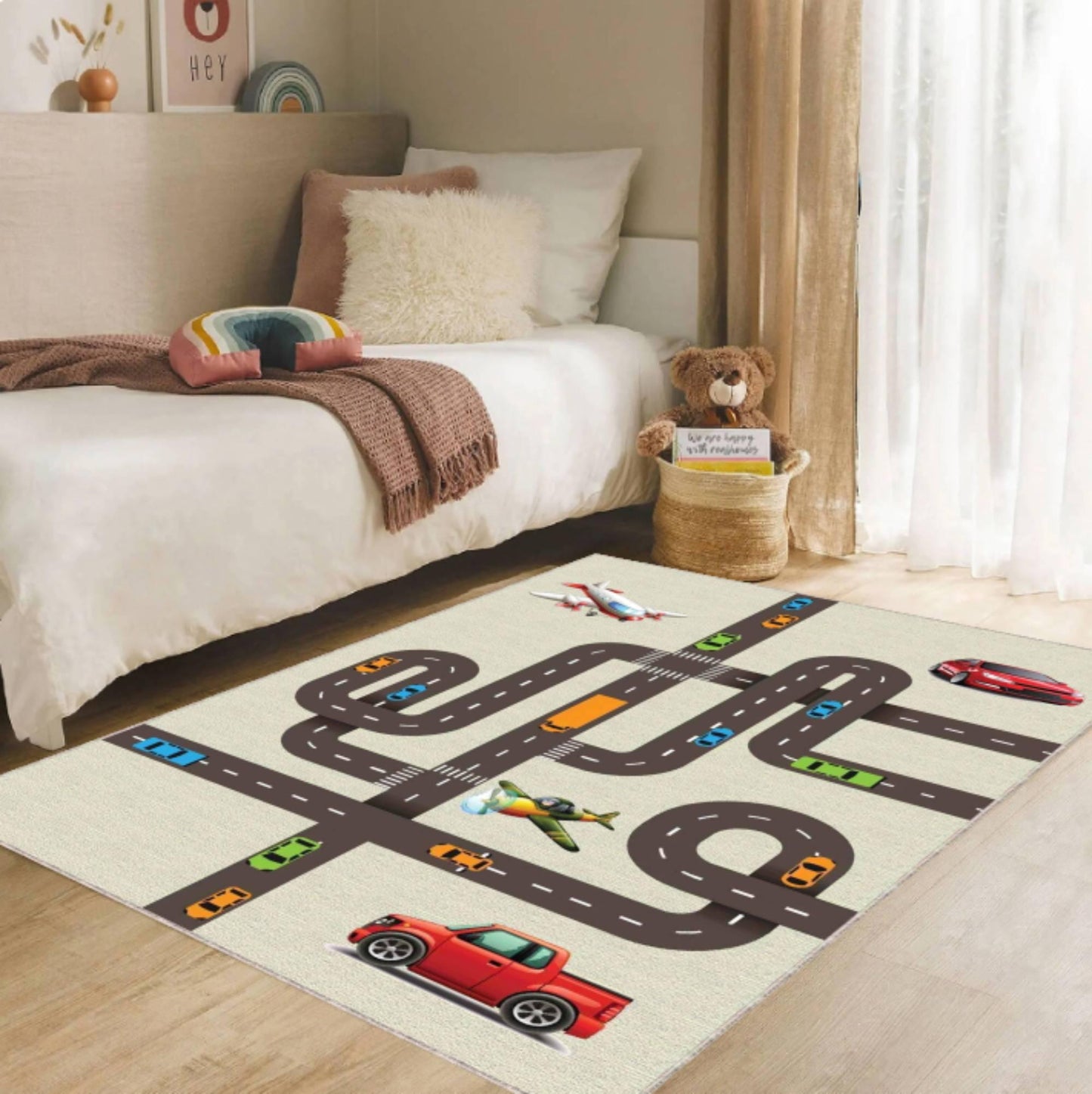 City Road Play Rug, Kids Traffic Map Carpet, Car and Airplane Theme Mat, Nursery Playroom Decor, Washable Area Rug, Non Slip Kids Rug