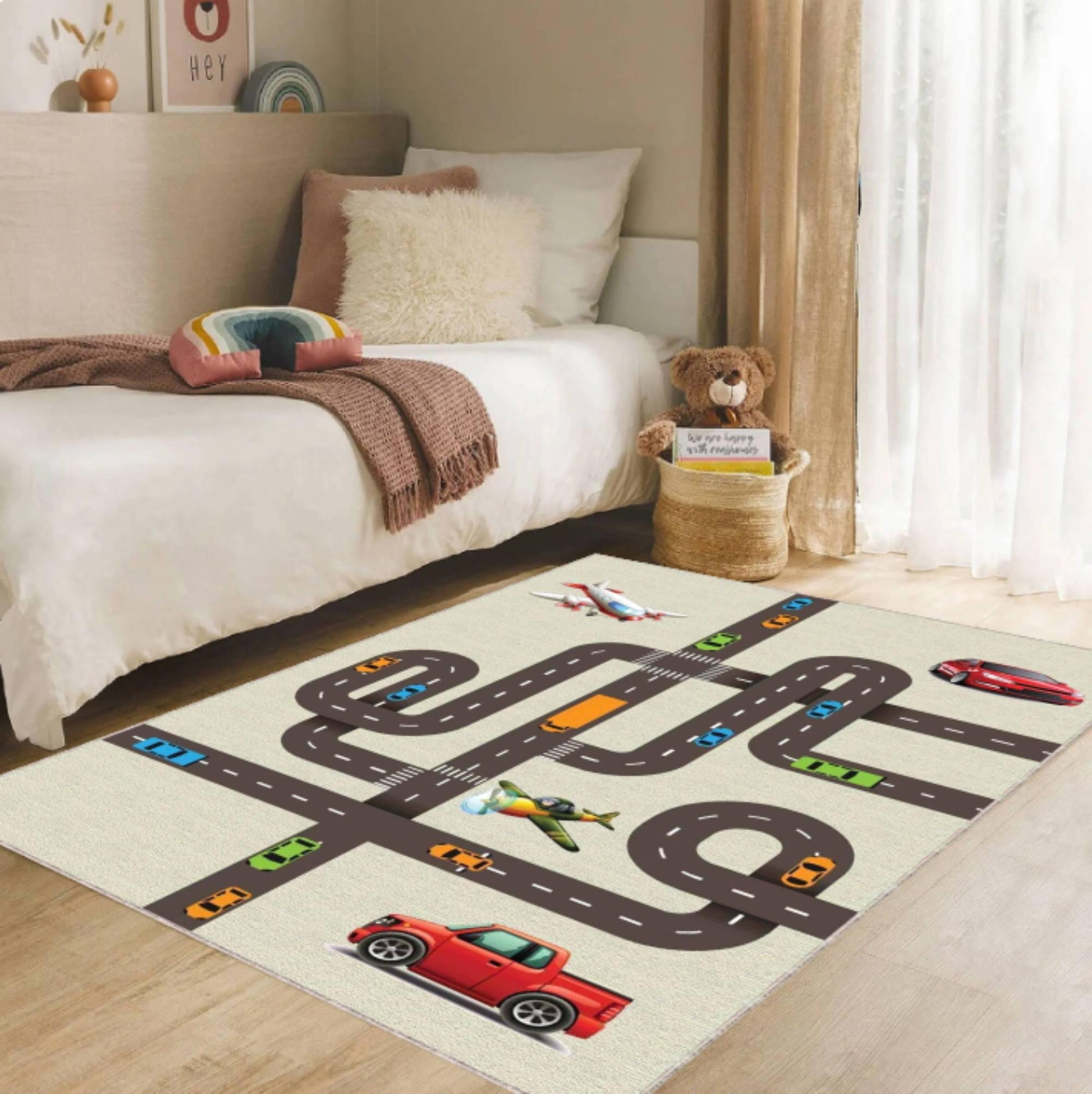 City Road Play Rug, Kids Traffic Map Carpet, Car and Airplane Theme Mat, Nursery Playroom Decor, Washable Area Rug, Non Slip Kids Rug