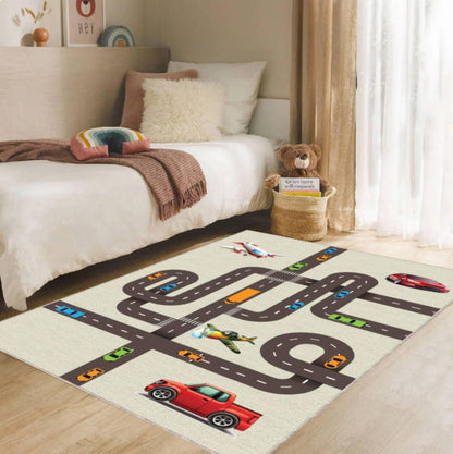 City Road Play Rug, Kids Traffic Map Carpet, Car and Airplane Theme Mat, Nursery Playroom Decor, Washable Area Rug, Non Slip Kids Rug