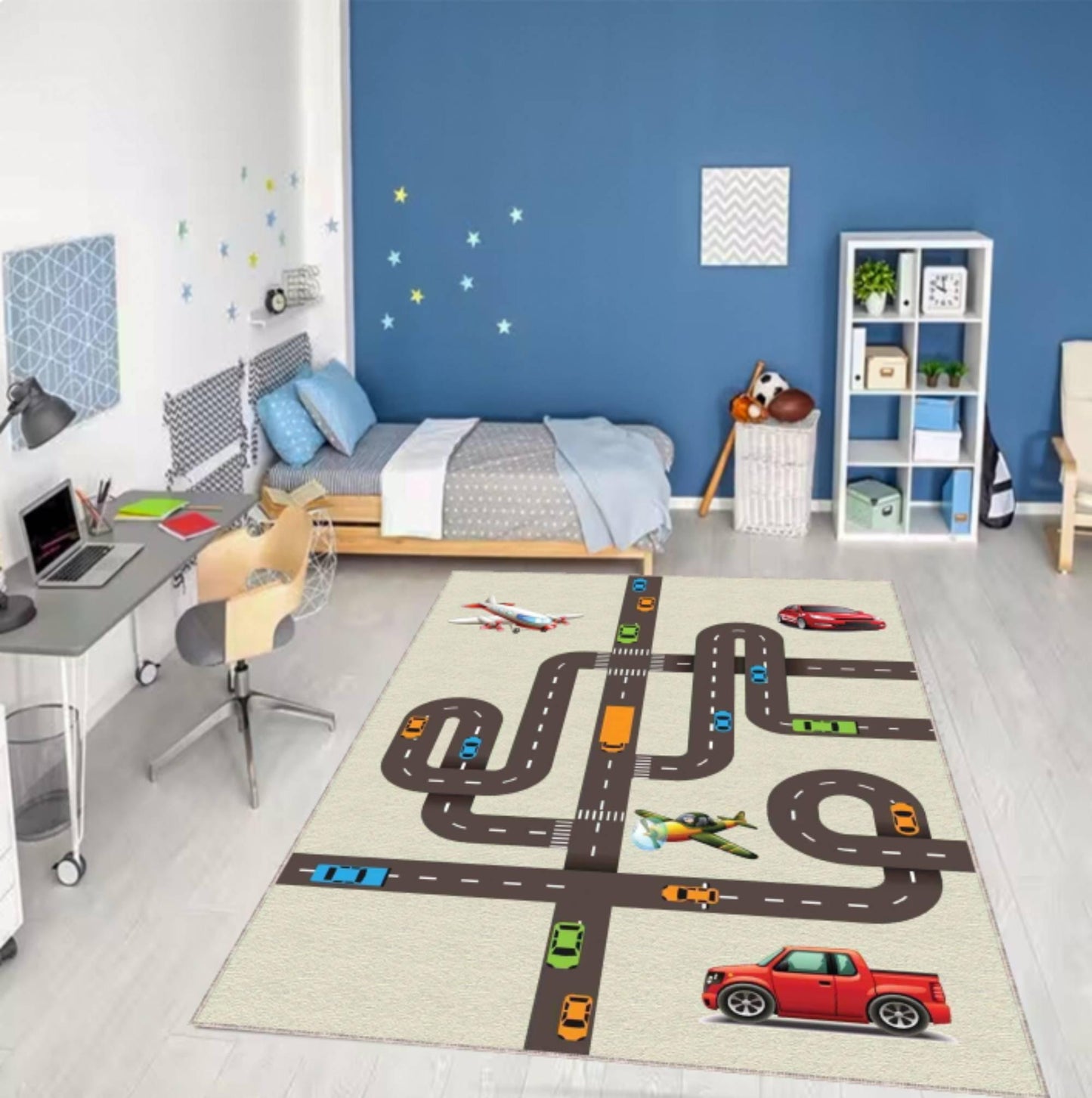 City Road Play Rug, Kids Traffic Map Carpet, Car and Airplane Theme Mat, Nursery Playroom Decor, Washable Area Rug, Non Slip Kids Rug