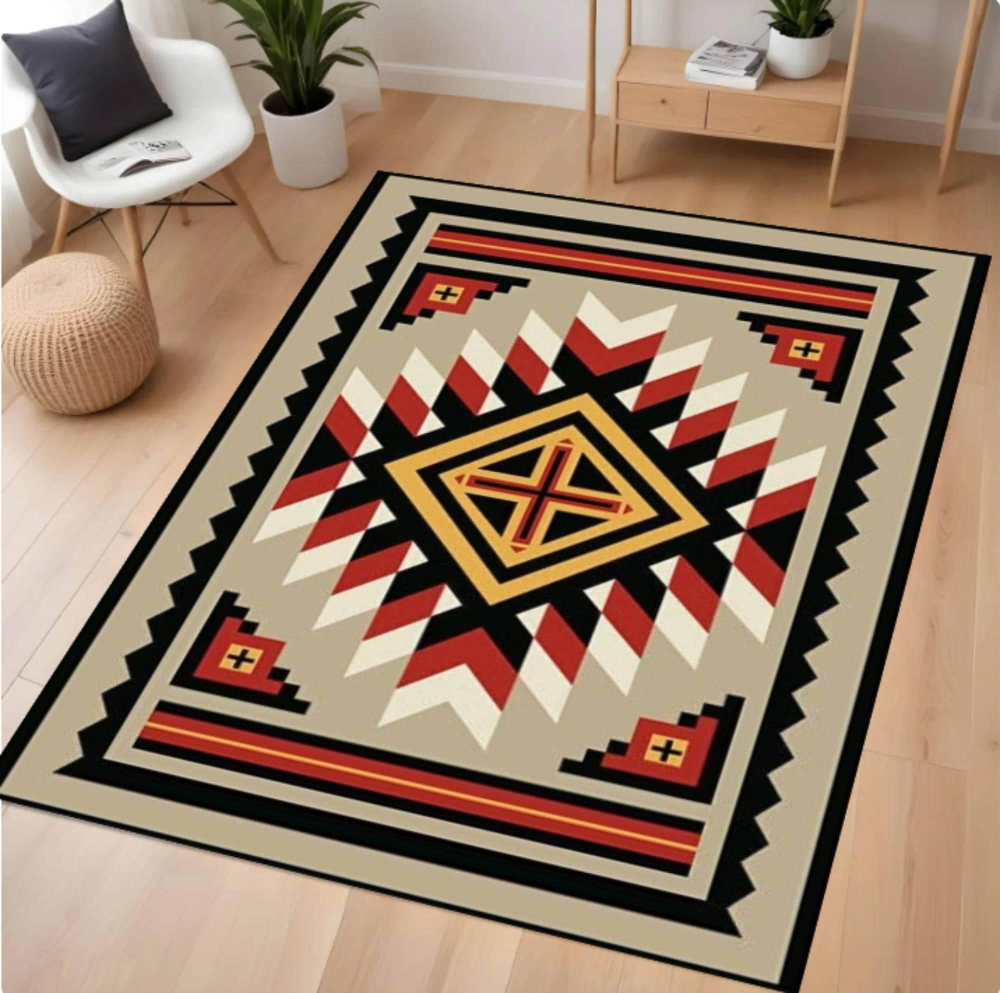 Geometric patterned rug on a wooden floor with a chair and plants in the background