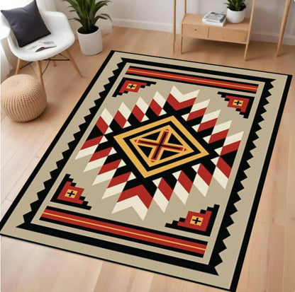 Geometric patterned rug on a wooden floor with a chair and plants in the background