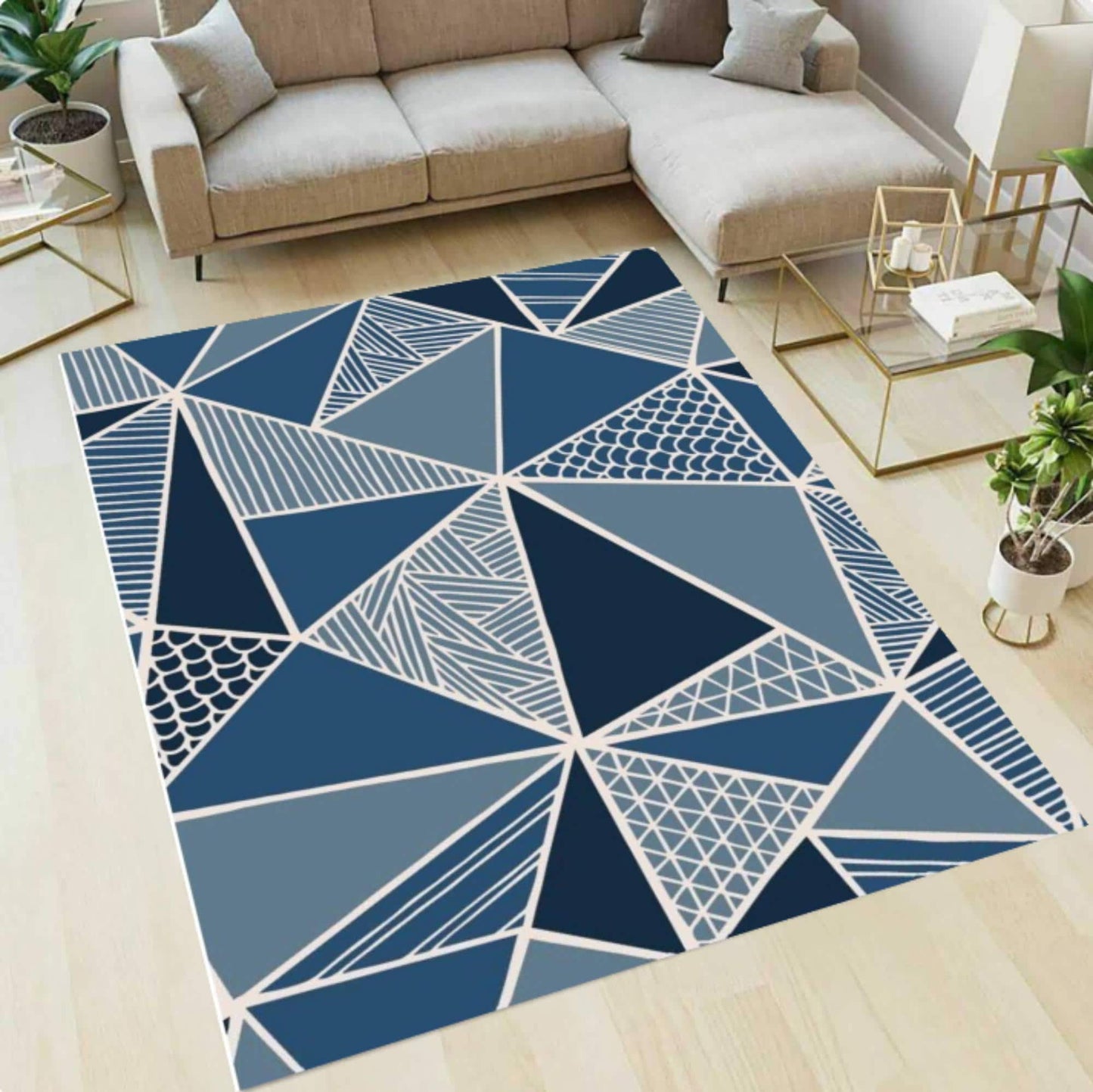 Modern Geometric Rug Blue Rug with Abstract Triangular Pattern Scandinavian