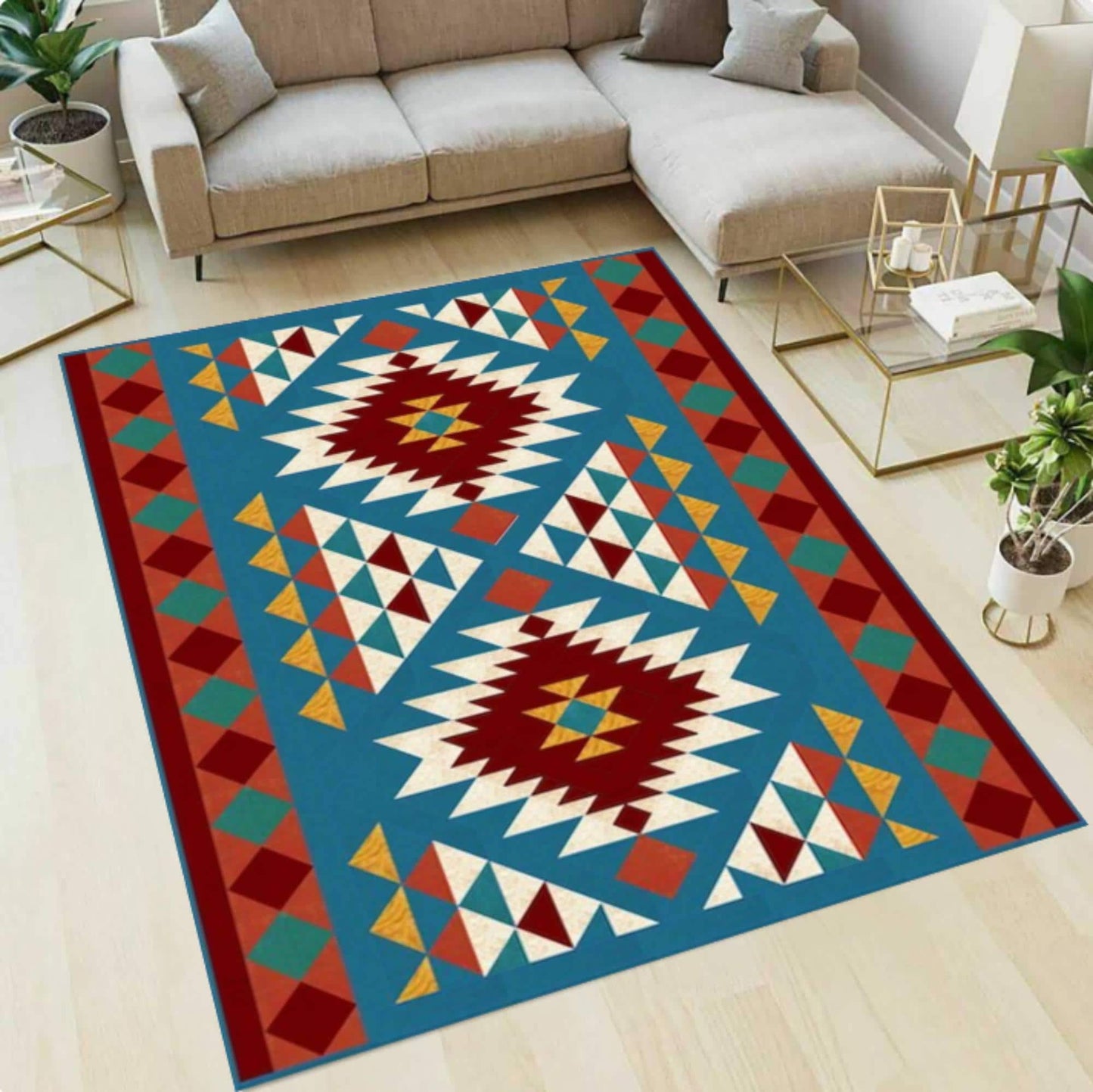 Southwestern Tribal Rug Colorful Aztec Geometric Rug Boho Living Room
