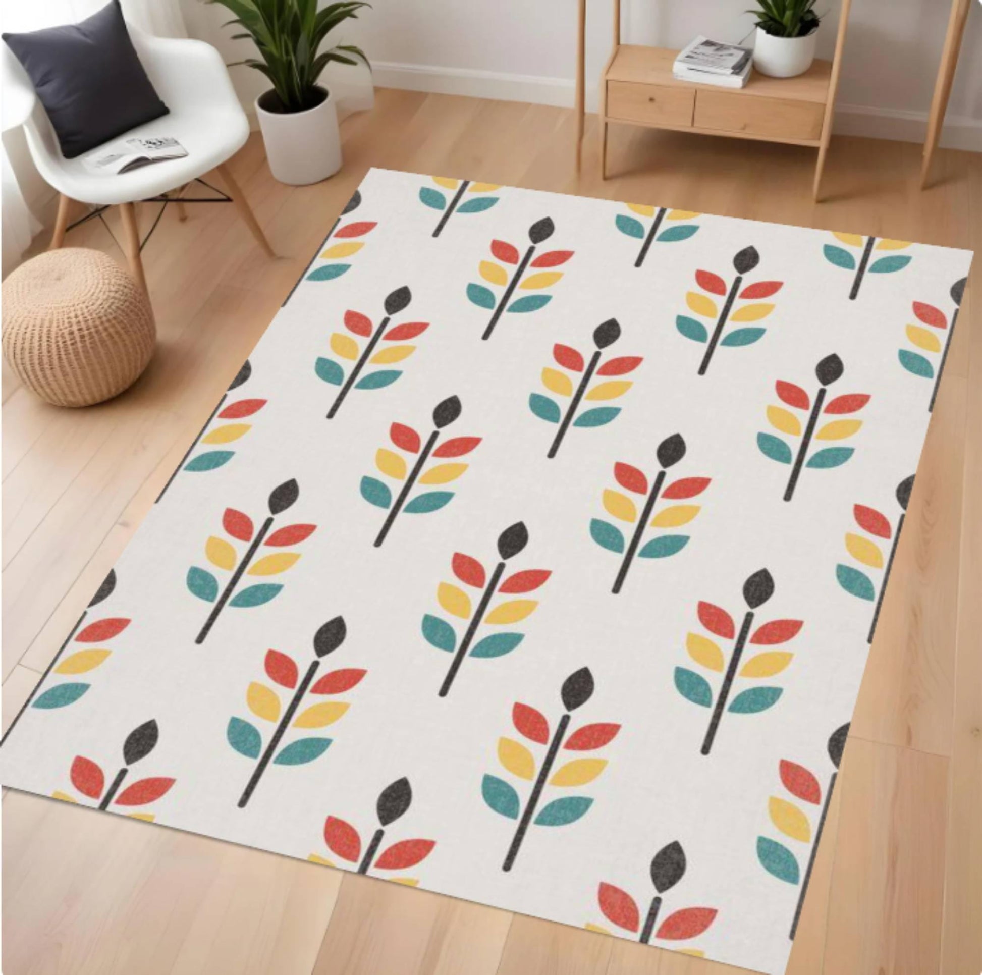 Colorful leaf-patterned rug on a wooden floor with a modern interior setting.