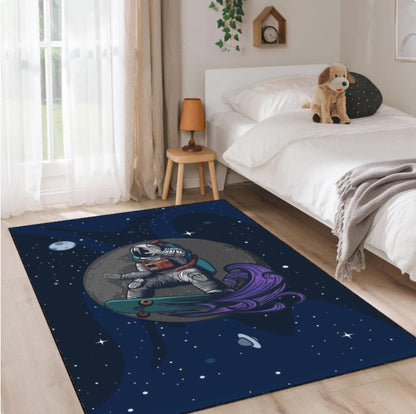 Astronaut Space Skateboard Area Rug, Galaxy Kids Room Carpet, Cosmic Nursery Decor Rug, Modern Space Theme Rug, Washable Rug, Non Slip Rug