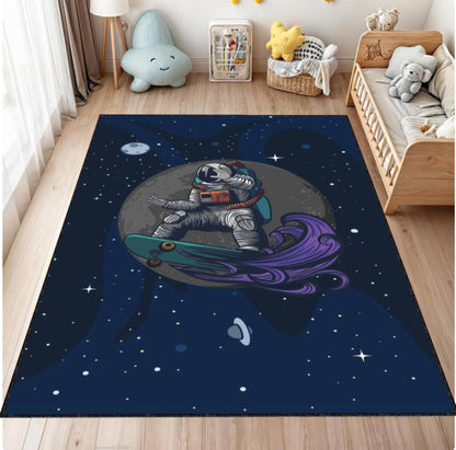 Astronaut Space Skateboard Area Rug, Galaxy Kids Room Carpet, Cosmic Nursery Decor Rug, Modern Space Theme Rug, Washable Rug, Non Slip Rug
