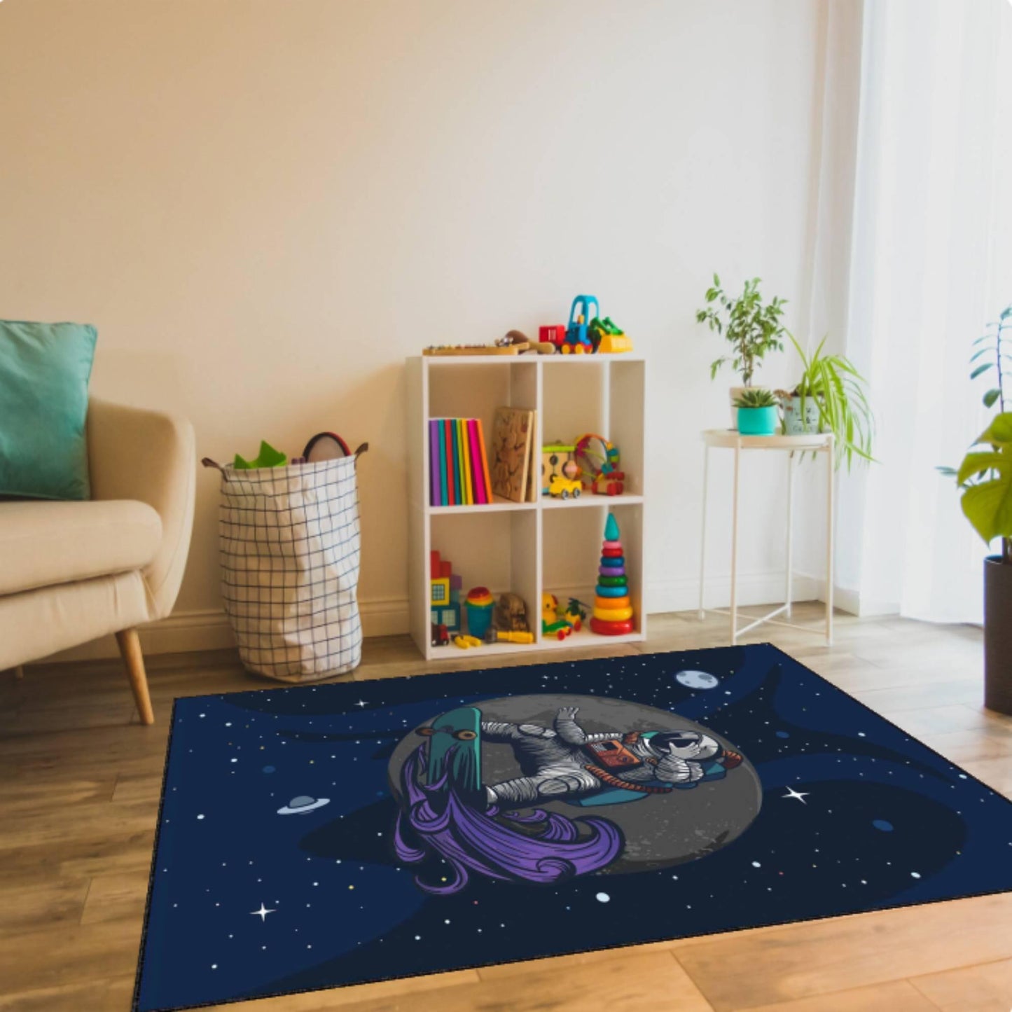 Astronaut Space Skateboard Area Rug, Galaxy Kids Room Carpet, Cosmic Nursery Decor Rug, Modern Space Theme Rug, Washable Rug, Non Slip Rug