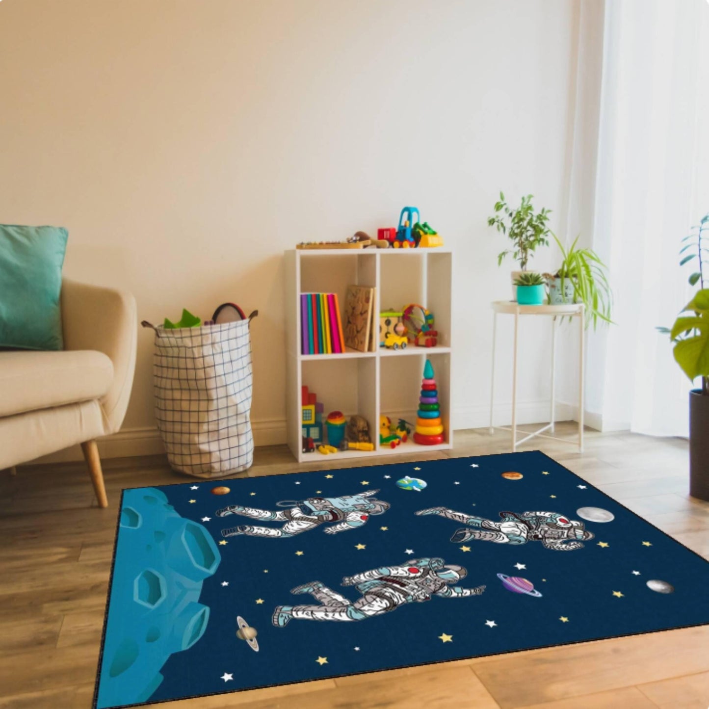 Astronauts in Space Kids Area Rug, Galaxy Space Nursery Carpet, Outer Space Room Decor, Cosmic Playroom Rug, Washable Rug, Non Slip Rug