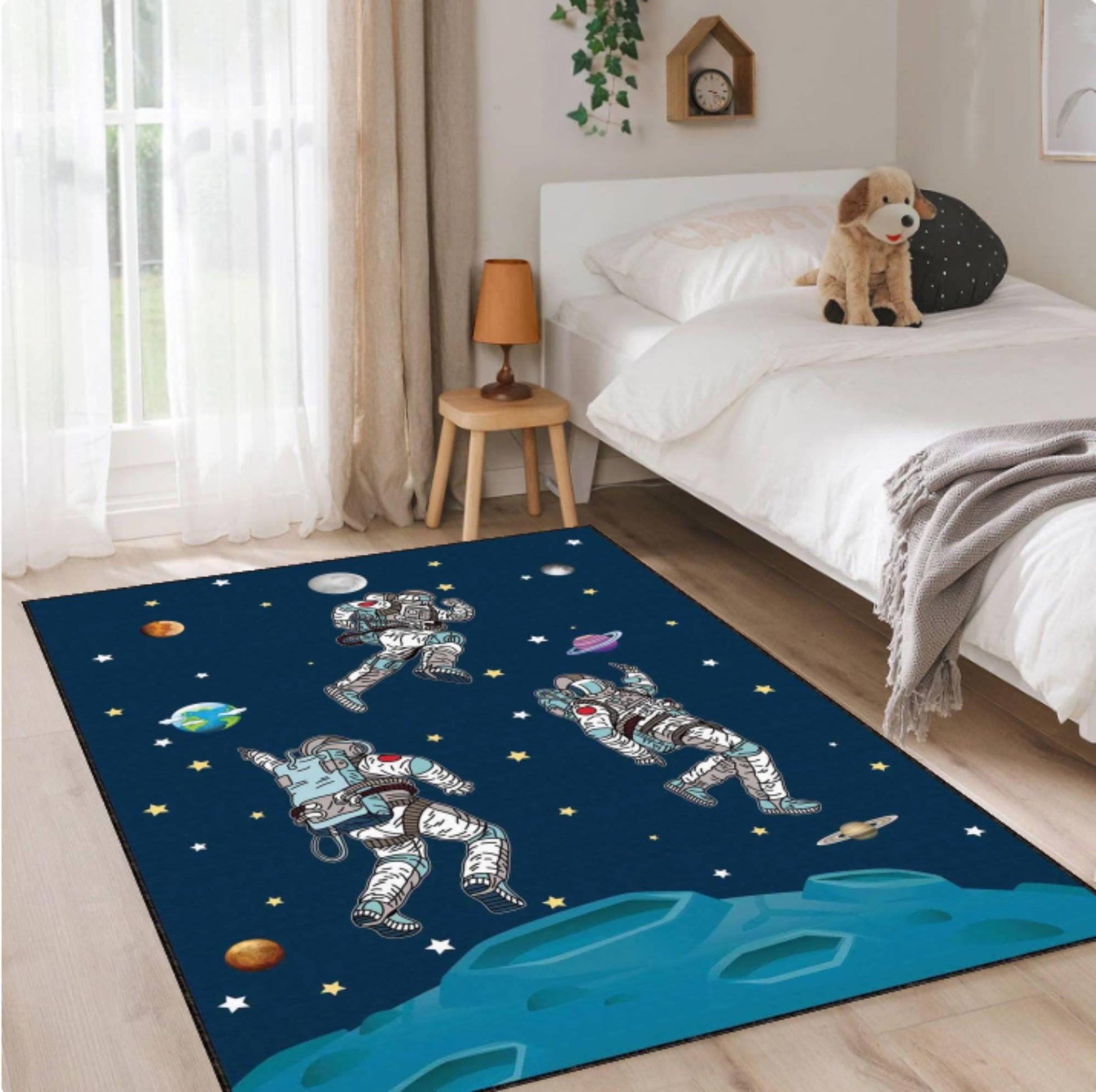 Astronauts in Space Kids Area Rug, Galaxy Space Nursery Carpet, Outer Space Room Decor, Cosmic Playroom Rug, Washable Rug, Non Slip Rug