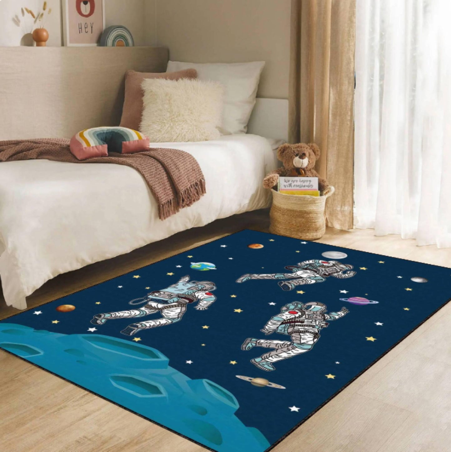 Astronauts in Space Kids Area Rug, Galaxy Space Nursery Carpet, Outer Space Room Decor, Cosmic Playroom Rug, Washable Rug, Non Slip Rug