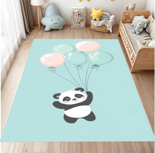 Children's room with a rug featuring a panda and balloons design.