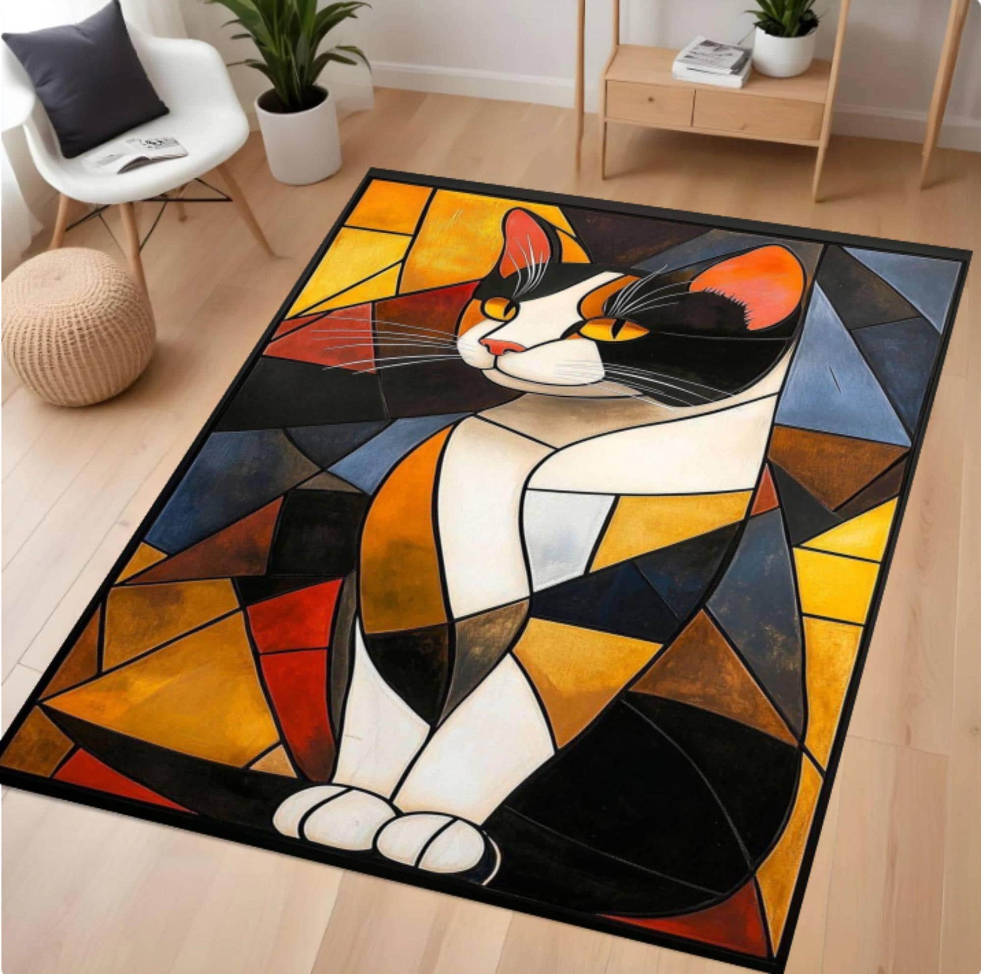 Colorful cat rug on a wooden floor with a modern interior setting.