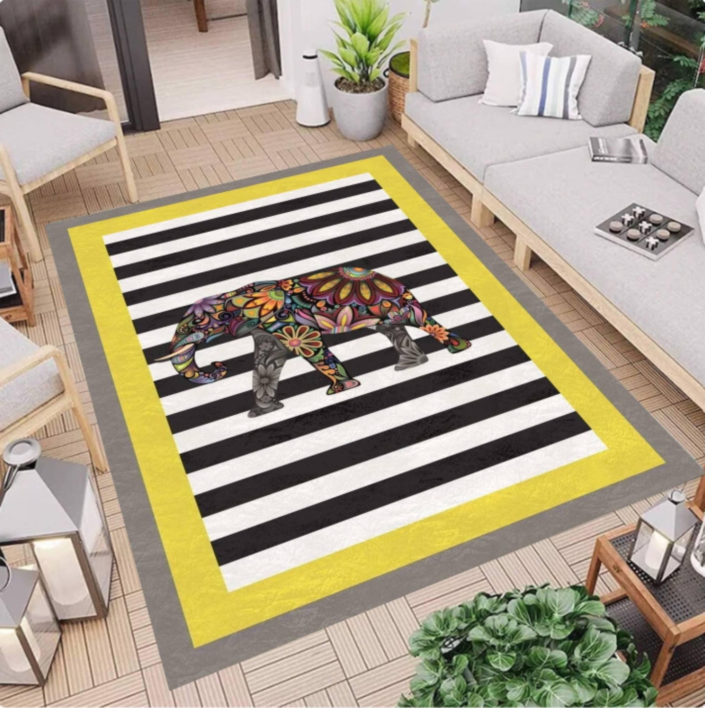 Boho Elephant Area Rug, Colorful Floral Elephant Carpet, Modern Living Room Decor, Washable Rug, Non Slip Backing, Stylish Home Floor Rug