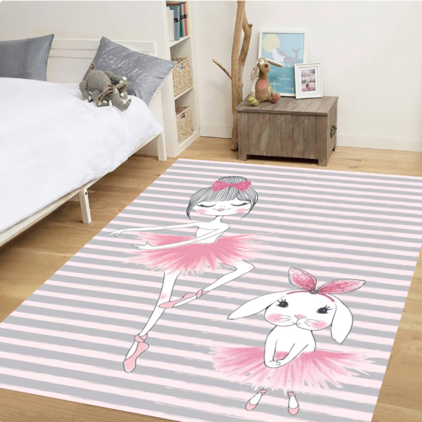 Ballerina Pink Kids Room Rug with Bunny Washable