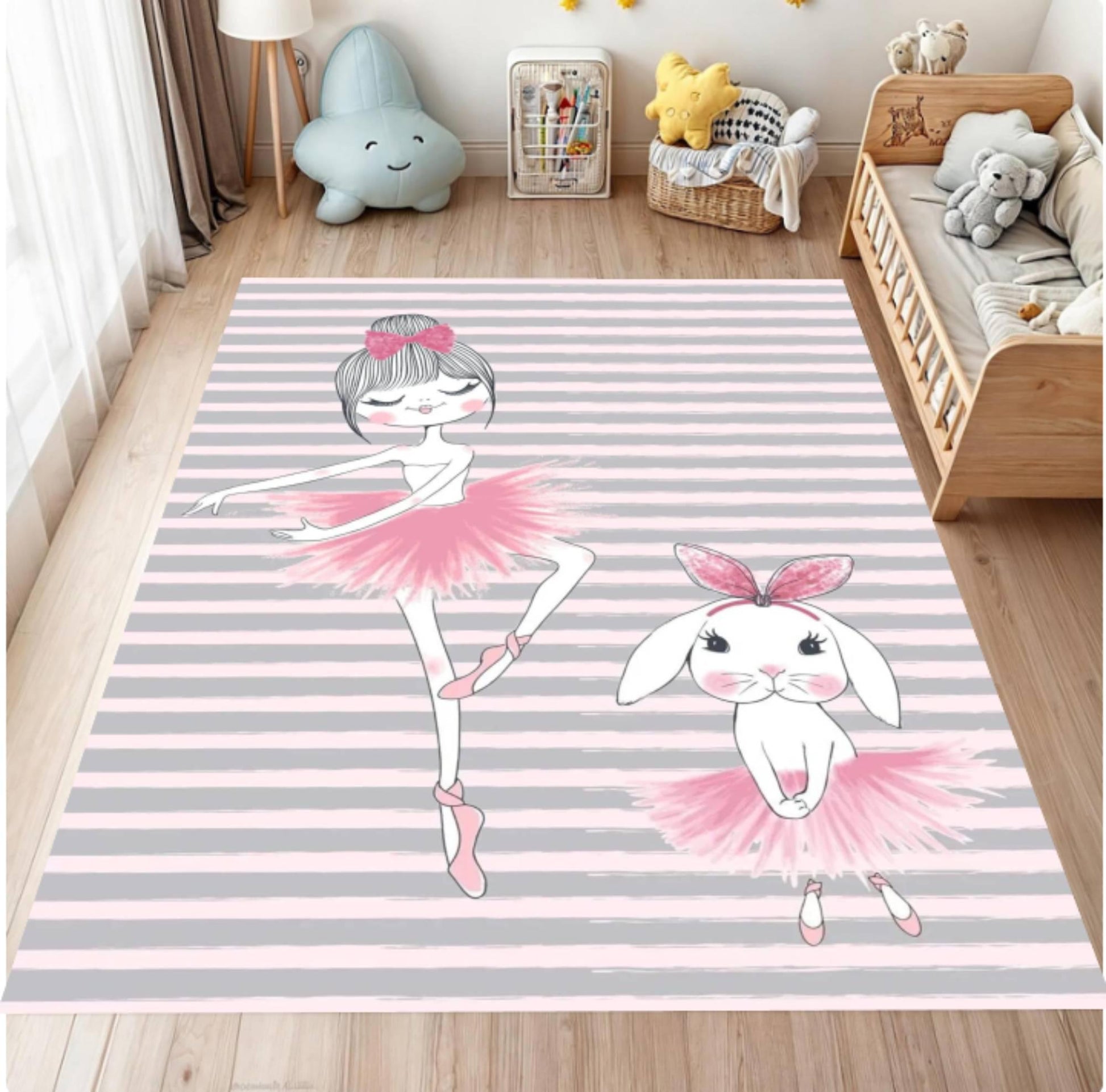 Children's room with a rug featuring a ballerina and rabbit design on a striped background.