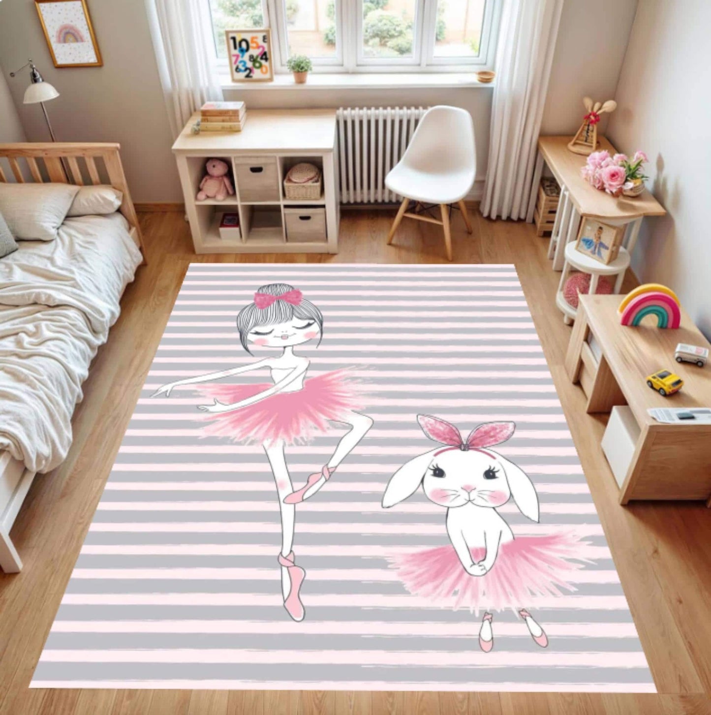 Ballerina Pink Kids Room Rug with Bunny Washable